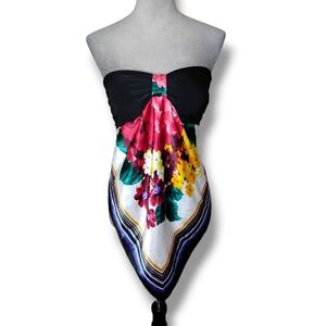 Vintage 90s Papaya Babydoll Top L Strapless Handkerchief Hem Satin Floral Stripe